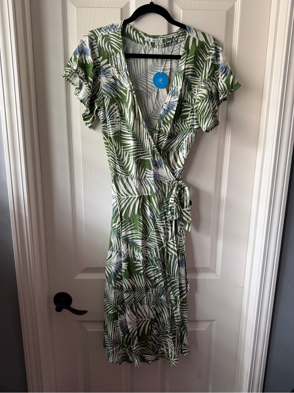 Cupshe Green White and Blue Palm Leaf Wrap Midi Dress with Tie Waist